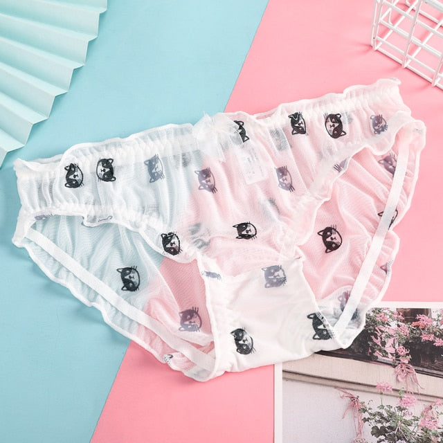 BIONEK Women Sexy Lace Underwear Ruffle Panties Japanese Lolita Style Transparent Seersucker Lingerie Fruit Embroidery Briefs