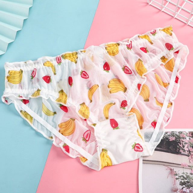 BIONEK Women Sexy Lace Underwear Ruffle Panties Japanese Lolita Style Transparent Seersucker Lingerie Fruit Embroidery Briefs