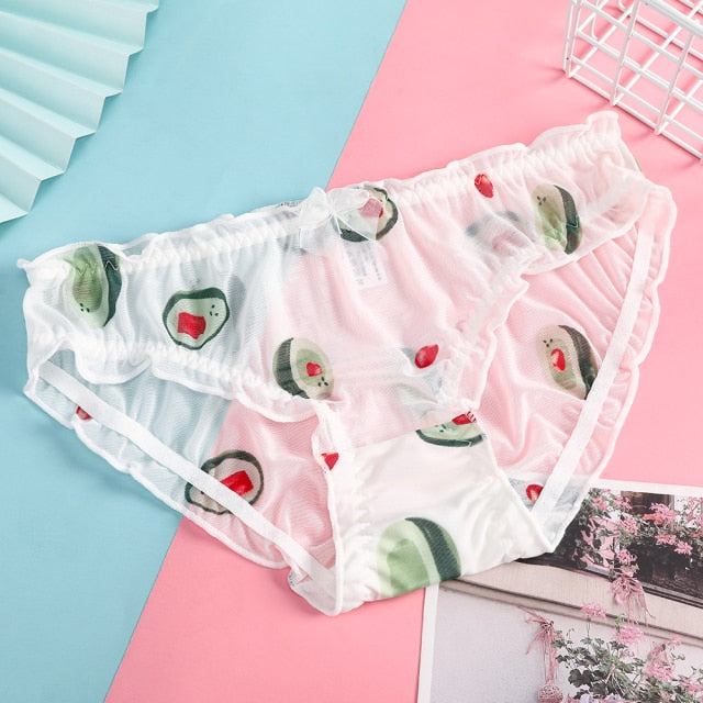 BIONEK Women Sexy Lace Underwear Ruffle Panties Japanese Lolita Style Transparent Seersucker Lingerie Fruit Embroidery Briefs