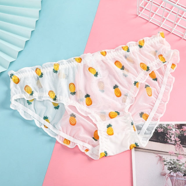 BIONEK Women Sexy Lace Underwear Ruffle Panties Japanese Lolita Style Transparent Seersucker Lingerie Fruit Embroidery Briefs