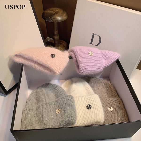 USPOP New Women's Hats Winter Thick Warm Knitted Hats Solid Color Letter M Soft Rabbit Hair Skullies Beanies
