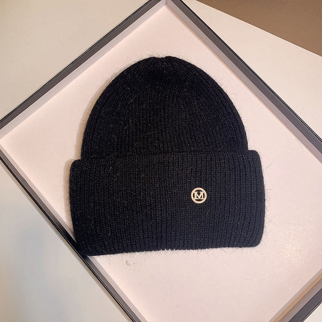 USPOP New Women's Hats Winter Thick Warm Knitted Hats Solid Color Letter M Soft Rabbit Hair Skullies Beanies