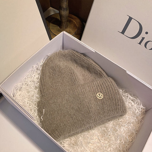 USPOP New Women's Hats Winter Thick Warm Knitted Hats Solid Color Letter M Soft Rabbit Hair Skullies Beanies