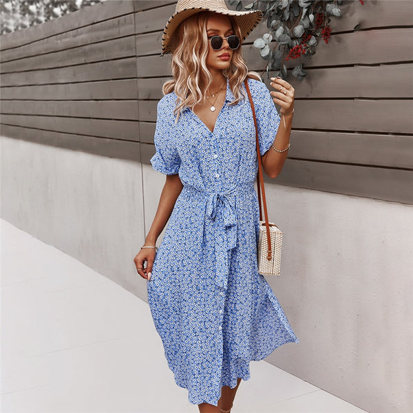 Autumn Winter Ladies Bandage Dress Women Casual Medium Long Sleeve Button Floral Print Holiday Style Chic Dress Female 2021 New