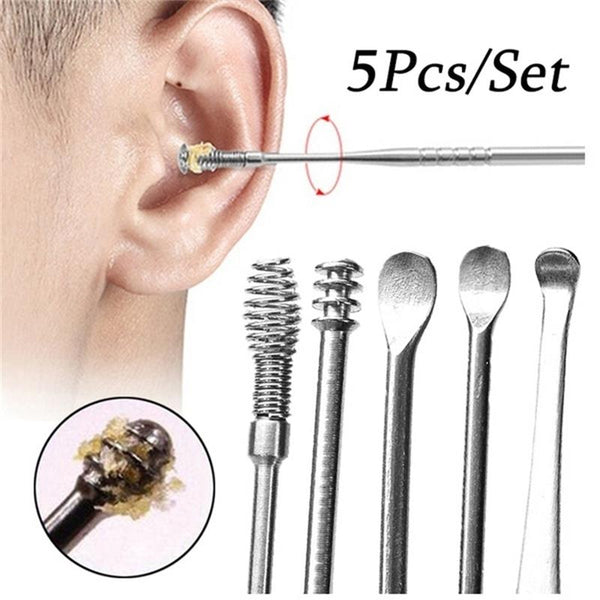 5 Pcs/Set Unisex Stainless Steel Spiral Ear Pick Spoon Ear Wax Removal Cleaner Ear Care Beauty Tools Multifunction Portable Ear