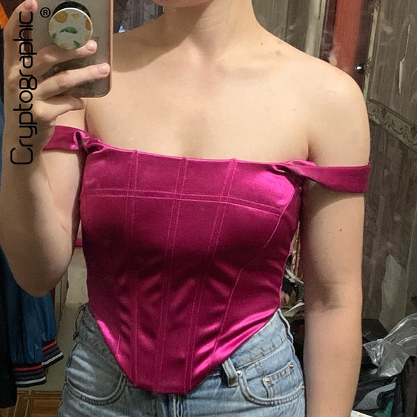 Cryptographic Square Collar Satin Sexy Backless Bustier Corset Crop Tops Women Sleeveless Summer Top Cropped Club Fashion Outfit