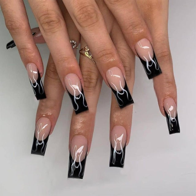 24pcs/set Long Stiletto Fake Nails Punk Snake Pattern Black White Matte False Nails Artificial Full Nail Tips Manicure Tools