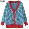 TYHRU Women's Knitting Sweater Color Matching Diamond Lattice Single-Breasted Buttons Loose Casual Knitted Cardigan Sweaters