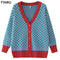 TYHRU Women's Knitting Sweater Color Matching Diamond Lattice Single-Breasted Buttons Loose Casual Knitted Cardigan Sweaters