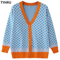 TYHRU Women's Knitting Sweater Color Matching Diamond Lattice Single-Breasted Buttons Loose Casual Knitted Cardigan Sweaters