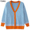 TYHRU Women's Knitting Sweater Color Matching Diamond Lattice Single-Breasted Buttons Loose Casual Knitted Cardigan Sweaters