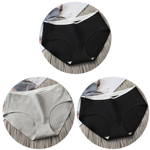 3Pcs Women's Underwear Cotton Seamless Stripes Panties Soild Color Skin- friendly Lingerie Woman Panty Low Waist M-XL Plus Size
