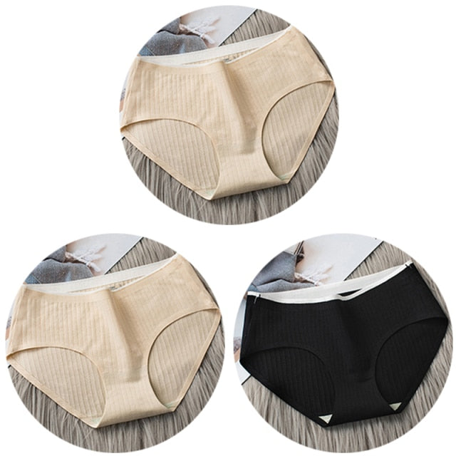 3Pcs Women's Underwear Cotton Seamless Stripes Panties Soild Color Skin- friendly Lingerie Woman Panty Low Waist M-XL Plus Size