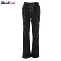 Weird Puss Faux PU Y2K High Waist Pants Women Chic Hollow Out Bandage Sexy Autumn Trend Leather Club Trousers Slim Streetwear