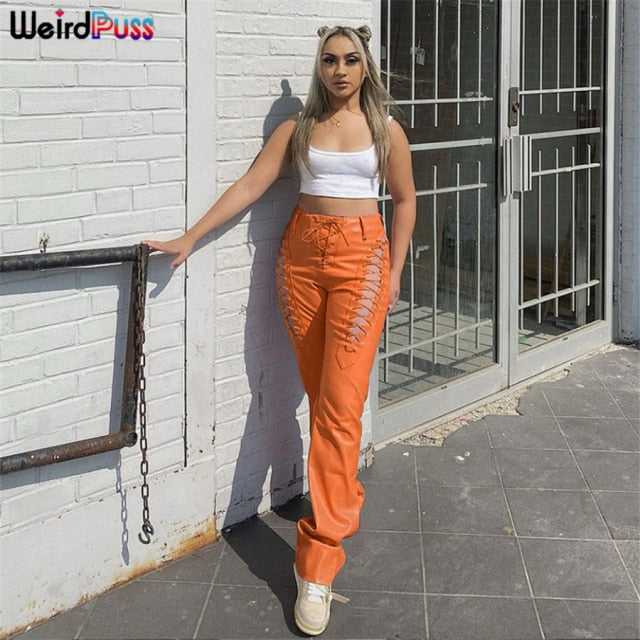 Weird Puss Faux PU Y2K High Waist Pants Women Chic Hollow Out Bandage Sexy Autumn Trend Leather Club Trousers Slim Streetwear