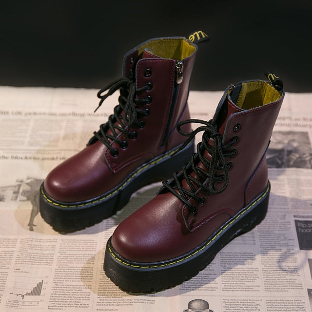 2021 Motorcycle Women's Boots Winter Soft Leather Shoes Black Botas Wedges Female Lace Up Platforms Women White Botas Mujer