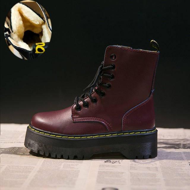 2021 Motorcycle Women's Boots Winter Soft Leather Shoes Black Botas Wedges Female Lace Up Platforms Women White Botas Mujer