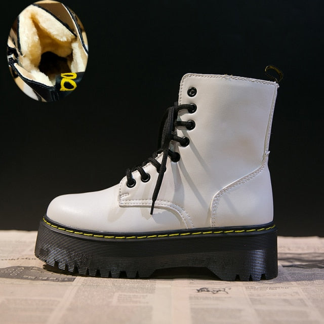 2021 Motorcycle Women's Boots Winter Soft Leather Shoes Black Botas Wedges Female Lace Up Platforms Women White Botas Mujer