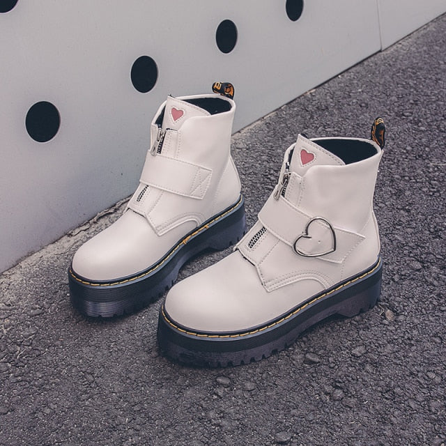 2021 Motorcycle Women's Boots Winter Soft Leather Shoes Black Botas Wedges Female Lace Up Platforms Women White Botas Mujer