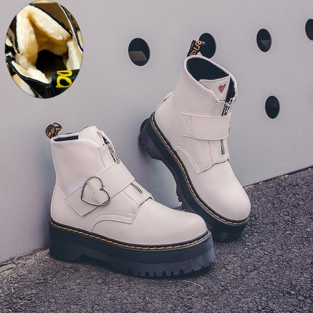 2021 Motorcycle Women's Boots Winter Soft Leather Shoes Black Botas Wedges Female Lace Up Platforms Women White Botas Mujer