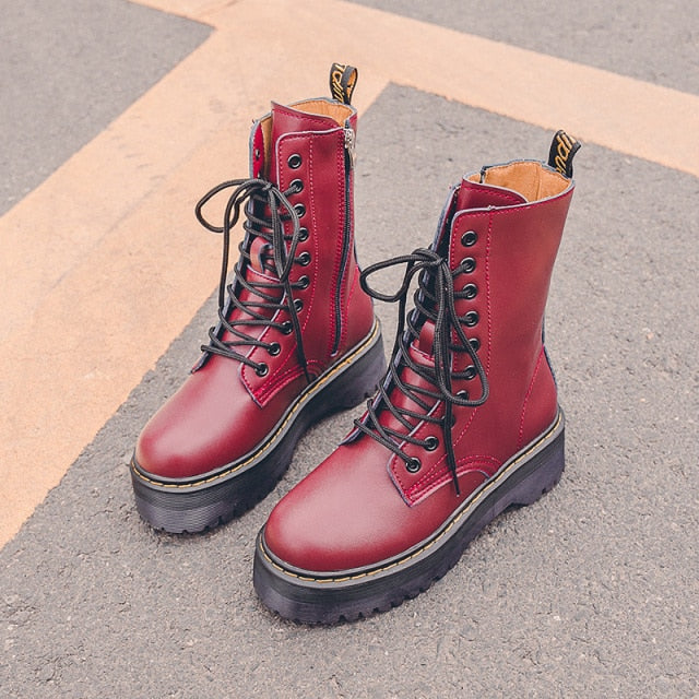 2021 Motorcycle Women's Boots Winter Soft Leather Shoes Black Botas Wedges Female Lace Up Platforms Women White Botas Mujer