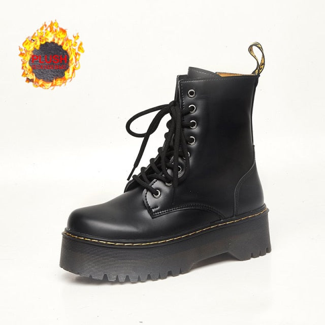 2021 Motorcycle Women's Boots Winter Soft Leather Shoes Black Botas Wedges Female Lace Up Platforms Women White Botas Mujer