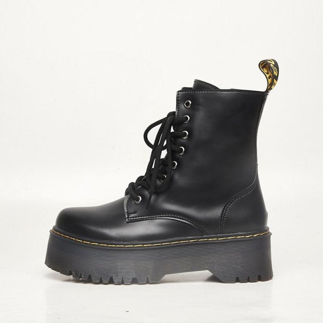 2021 Motorcycle Women's Boots Winter Soft Leather Shoes Black Botas Wedges Female Lace Up Platforms Women White Botas Mujer