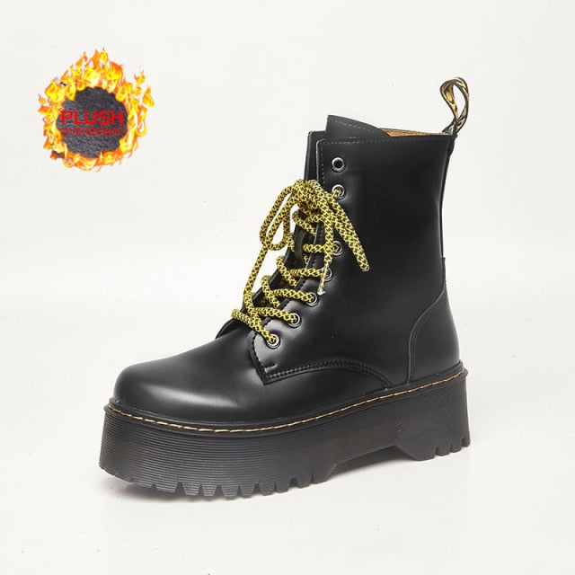 2021 Motorcycle Women's Boots Winter Soft Leather Shoes Black Botas Wedges Female Lace Up Platforms Women White Botas Mujer