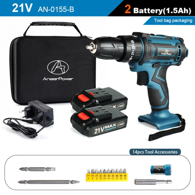2 Speed Cordless Impact Drill 21V Electric Screwdriver Home Mini 1500 Mah 18650 Lithium Battery Wireless Rechargeable Hand Drill