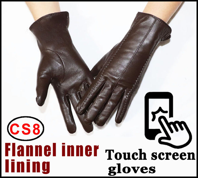 Women's sheepskin gloves winter warmth plus velvet short thin touch screen driving female color leather gloves new high-end 2021