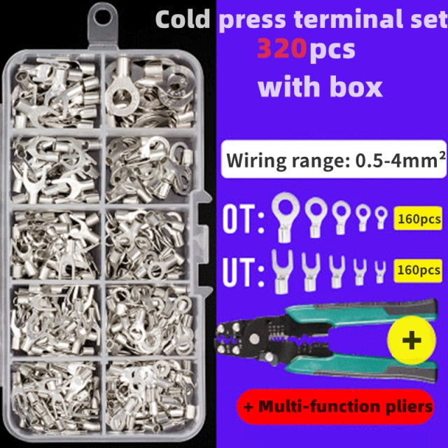 320pcs Boxed,Crimp Terminal+Pliers,Cold Pressed Terminal,U Shaped O Shaped ,Wire Connector 0.5-4mm Square Terminal Eletrico