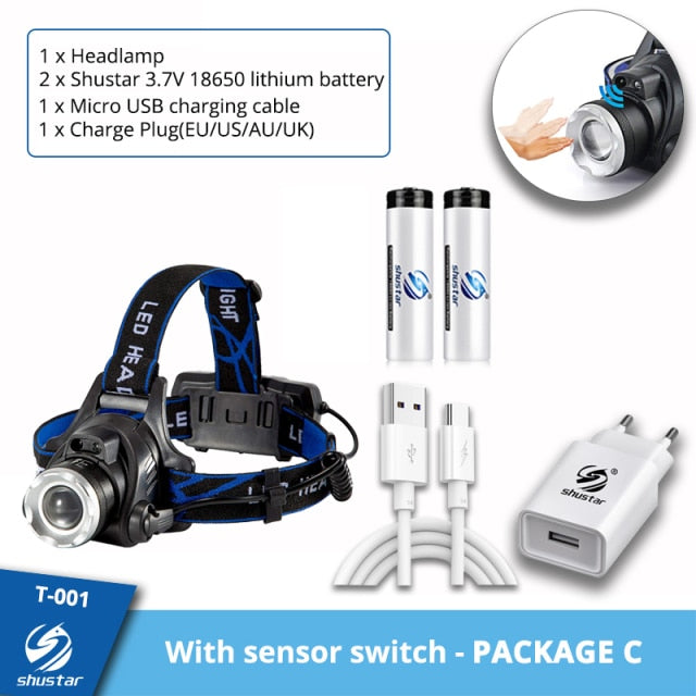 LED Headlamp Fishing Headlight T6/L2/V6 3 Modes Zoomable Waterproof Super bright camping light Powered by 2x18650 batteries