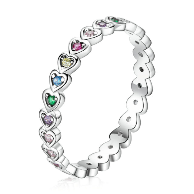 BAMOER 925 Sterling Silver Rainbow Heart Finger Ring for Girl, Women Stackable Silver Ring with Mini Hearts Trendy Party Jewelry
