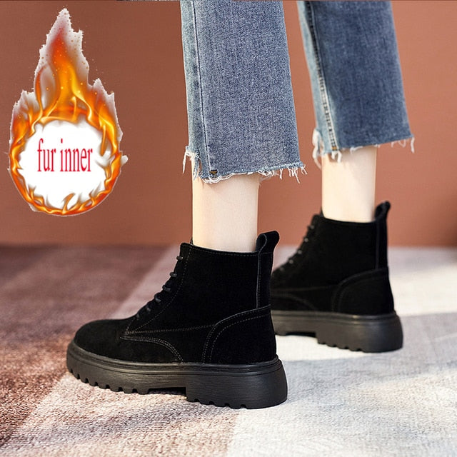 Chelsea Boots Chunky Boots Women Winter Shoes Cow Suede  Ankle Boots Black Female Autumn Fashion Platform Booties