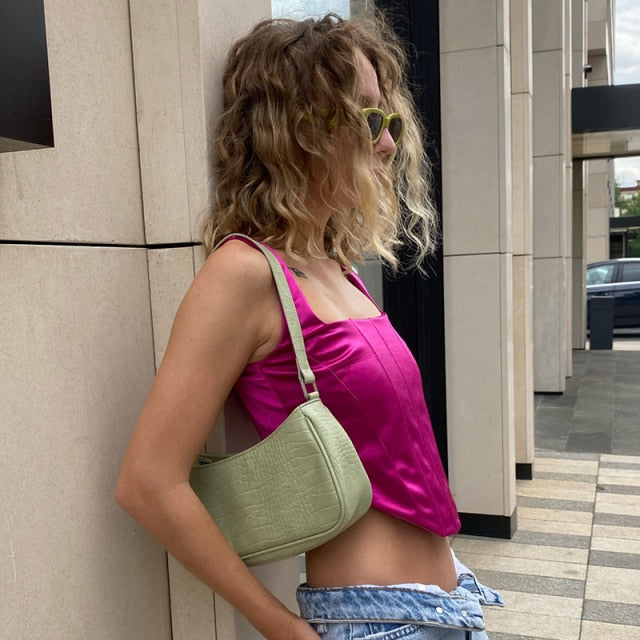 Cryptographic Square Collar Satin Sexy Backless Bustier Corset Crop Tops Women Sleeveless Summer Top Cropped Club Fashion Outfit