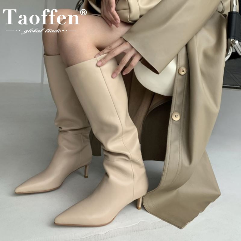 Taoffen Size 33-43 Women Genuine Leather Knee High Boots Pointed Toe Thin Heel Slip On Party Club Winter Ladies Footwear
