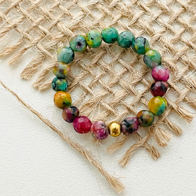 Bohemian Handmade Natural Stone Rings Women with Stainless Steel Bead Multi Color Stretch Rope Party Gifts Ring Adjustable 2020