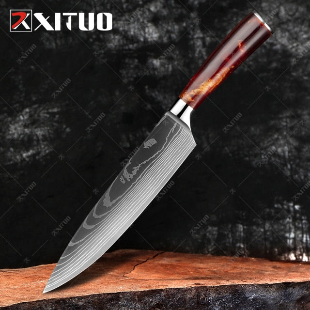 XITUO 1-10PCS  kitchen knives Set Laser Damascus pattern chef knife Sharp Santoku Cleaver Slicing Utility Knives Resin Handle