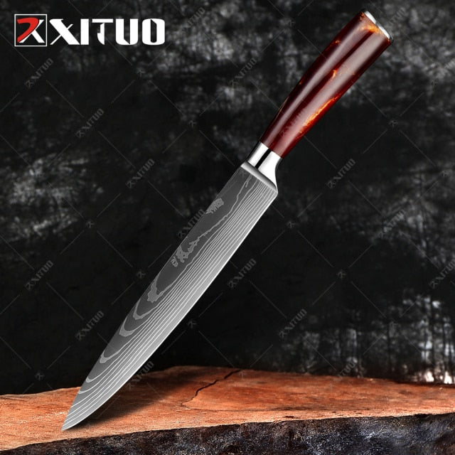 XITUO 1-10PCS  kitchen knives Set Laser Damascus pattern chef knife Sharp Santoku Cleaver Slicing Utility Knives Resin Handle