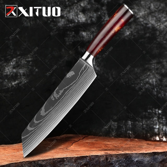 XITUO 1-10PCS  kitchen knives Set Laser Damascus pattern chef knife Sharp Santoku Cleaver Slicing Utility Knives Resin Handle