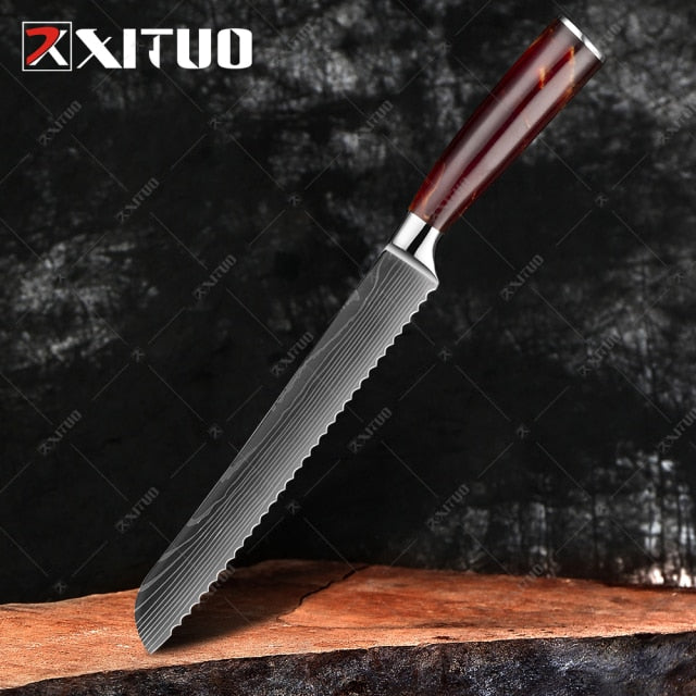 XITUO 1-10PCS  kitchen knives Set Laser Damascus pattern chef knife Sharp Santoku Cleaver Slicing Utility Knives Resin Handle