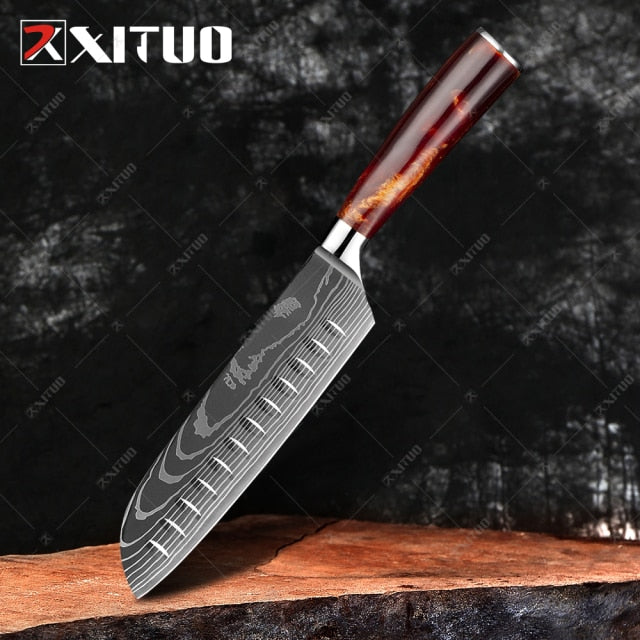 XITUO 1-10PCS  kitchen knives Set Laser Damascus pattern chef knife Sharp Santoku Cleaver Slicing Utility Knives Resin Handle