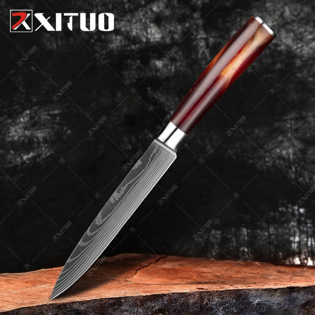 XITUO 1-10PCS  kitchen knives Set Laser Damascus pattern chef knife Sharp Santoku Cleaver Slicing Utility Knives Resin Handle