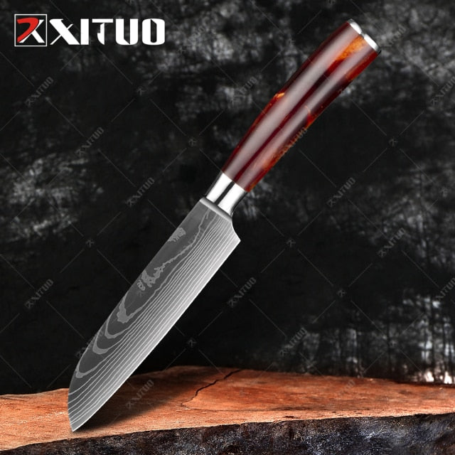 XITUO 1-10PCS  kitchen knives Set Laser Damascus pattern chef knife Sharp Santoku Cleaver Slicing Utility Knives Resin Handle