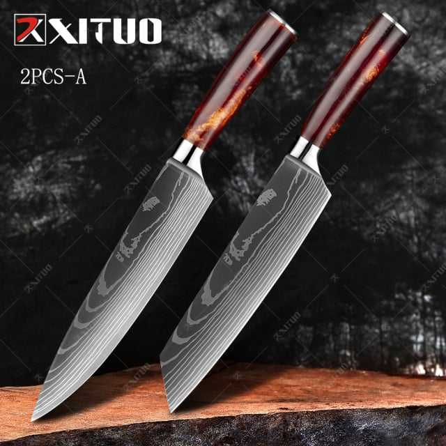 XITUO 1-10PCS  kitchen knives Set Laser Damascus pattern chef knife Sharp Santoku Cleaver Slicing Utility Knives Resin Handle