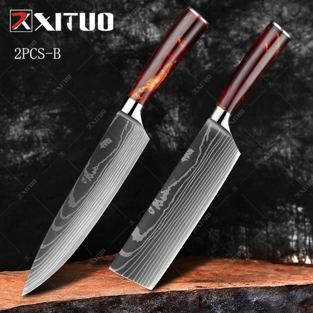 XITUO 1-10PCS  kitchen knives Set Laser Damascus pattern chef knife Sharp Santoku Cleaver Slicing Utility Knives Resin Handle