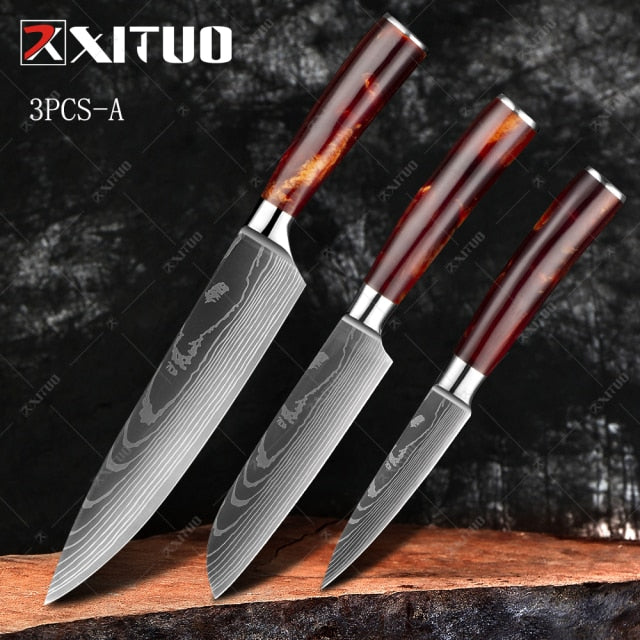 XITUO 1-10PCS  kitchen knives Set Laser Damascus pattern chef knife Sharp Santoku Cleaver Slicing Utility Knives Resin Handle