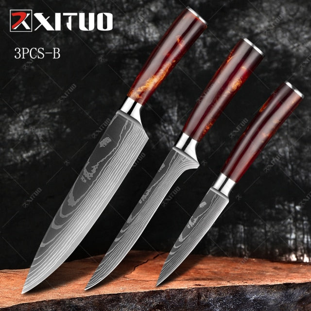 XITUO 1-10PCS  kitchen knives Set Laser Damascus pattern chef knife Sharp Santoku Cleaver Slicing Utility Knives Resin Handle