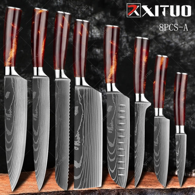XITUO 1-10PCS  kitchen knives Set Laser Damascus pattern chef knife Sharp Santoku Cleaver Slicing Utility Knives Resin Handle