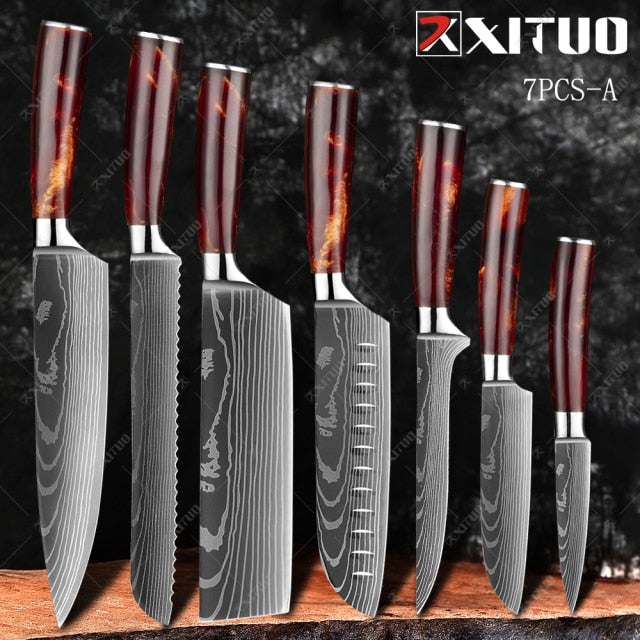 XITUO 1-10PCS  kitchen knives Set Laser Damascus pattern chef knife Sharp Santoku Cleaver Slicing Utility Knives Resin Handle